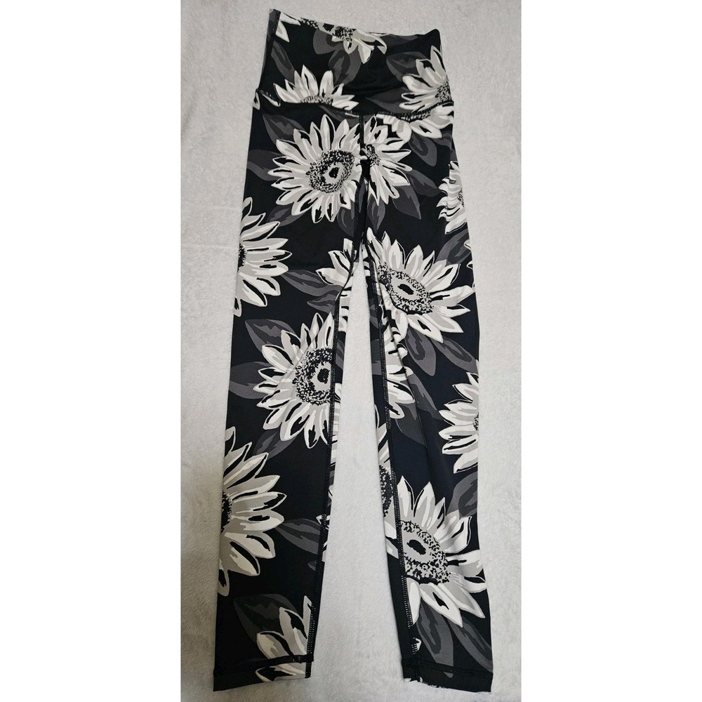 Aerie Chill Play Move XS Leggings Black White Sunflower Floral High Waist